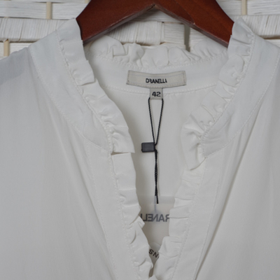 Ruffled Collar Ladies Fashion Wear , Plain White V Neck Womens Silk Blouse
