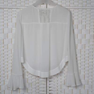Hollow Lace Casual White Chiffon Blouse Long Sleeves For Young Ladies