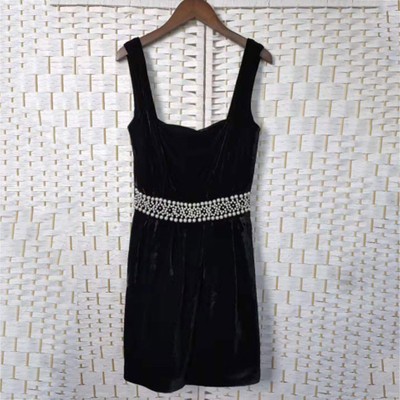 Ladies Elegant Black Velour Dress With Pearls Decorative Front Waist Band