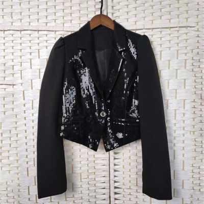 Lapel Buttoned Ladies Black Sequin Blazer Fashionable For Night Club Party