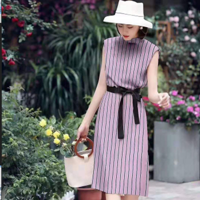 Boat Neck Sleeveless Ladies Elegant Dresses , 100% Cotton Striped Sheath Pencil Dress