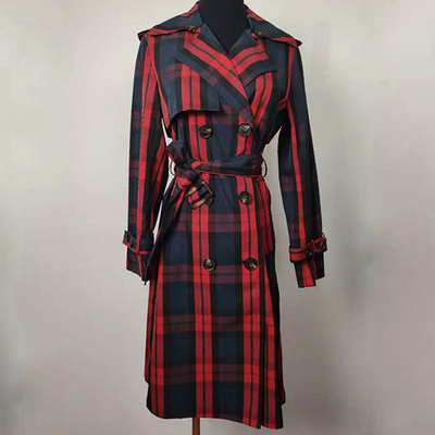 Plaid Double Breasted Trench Coat Classic British Style For Women