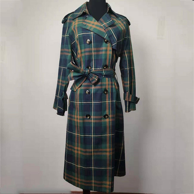 Plaid Double Breasted Trench Coat Classic British Style For Women