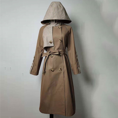 Double - Breasted Long Belted Checkered Trench Coat For Spring And Autumn