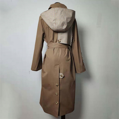 Double - Breasted Long Belted Checkered Trench Coat For Spring And Autumn