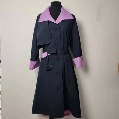 Press Button Long Belted Trench Coat With Black And Purple Contrast Design