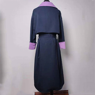 Press Button Long Belted Trench Coat With Black And Purple Contrast Design
