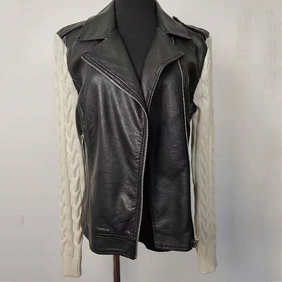 Girl's Trendy Black Leather Jacket Short Leather Coat With Knitted Sleeves