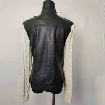 Girl's Trendy Black Leather Jacket Short Leather Coat With Knitted Sleeves