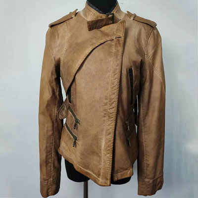 Brown PU Leather Fashion Ladies Jackets Zipper Closure S - XL Optional