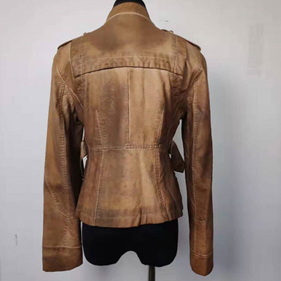 Brown PU Leather Fashion Ladies Jackets Zipper Closure S - XL Optional