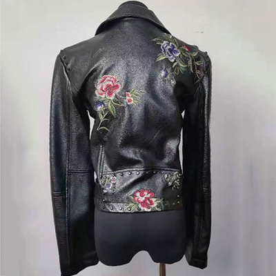 Women's Short Embroidered Faux Leather Jacket Slim Fit For Spring And Autumn