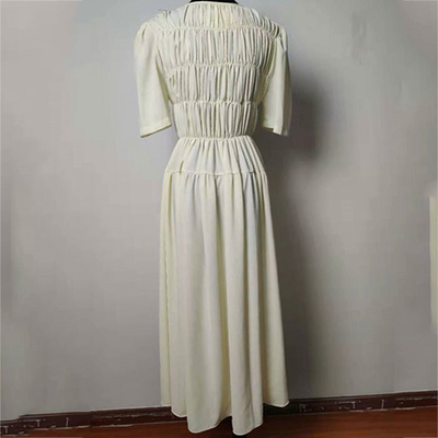 White Smocked Ladies Elegant Dresses , High Waisted Pleated Midi Dress