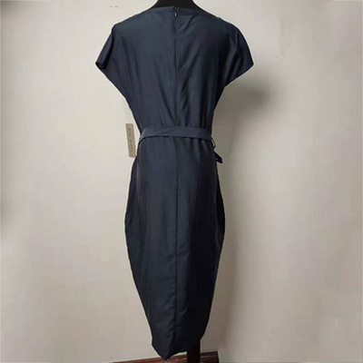 Elegant Loose Fit Navy Blue Knee Length Dress Anti Wrinkle With Shell Belt