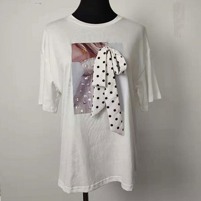 White Ladies Fashion Wear / T Shirt Loose Fit With Bow - Knot Design