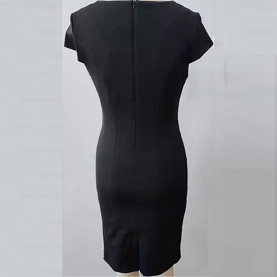V Neck Ladies Elegant Dresses , Black Short Sleeves Cold Shoulder Pencil Dress