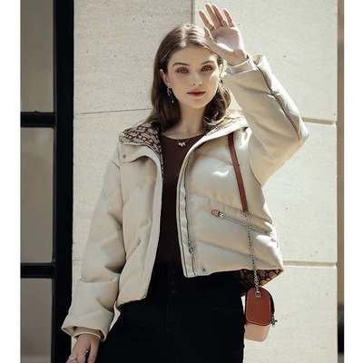 Diagonal Pocket Hood Sustainable Padded Down Jacket Digital Print