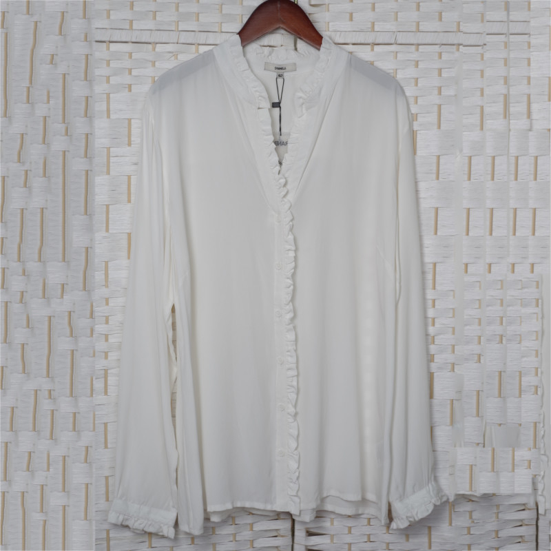 Ruffled Collar Ladies Fashion Wear , Plain White V Neck Womens Silk Blouse