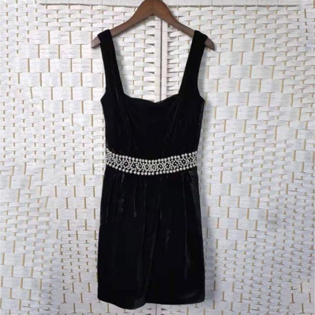 Ladies Elegant Black Velour Dress With Pearls Decorative Front Waist Band