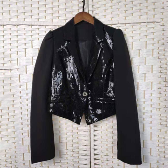 Lapel Buttoned Ladies Black Sequin Blazer Fashionable For Night Club Party