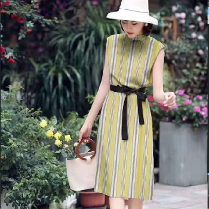 Boat Neck Sleeveless Ladies Elegant Dresses , 100% Cotton Striped Sheath Pencil Dress