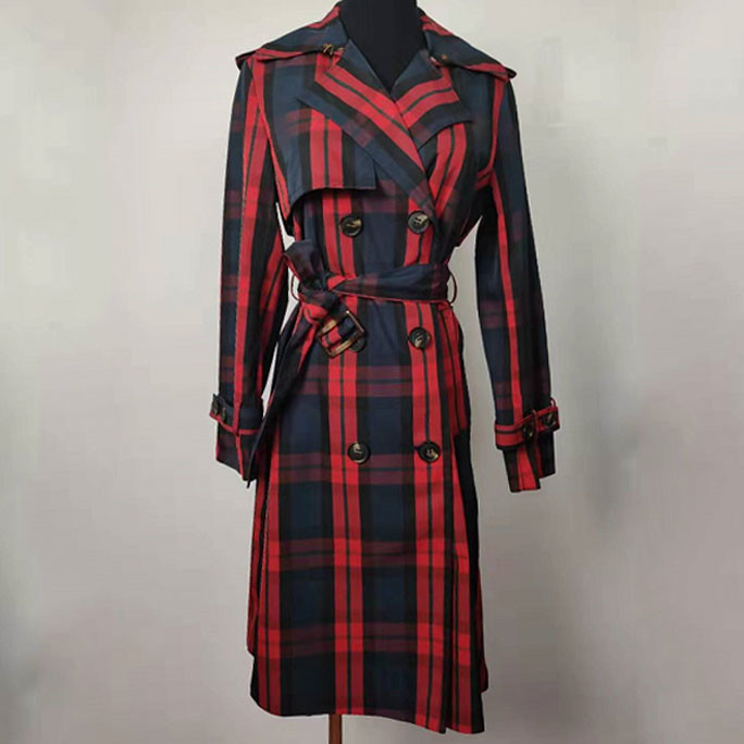 Plaid Double Breasted Trench Coat Classic British Style For Women