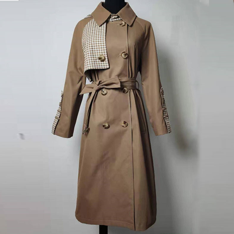 Double - Breasted Long Belted Checkered Trench Coat For Spring And Autumn