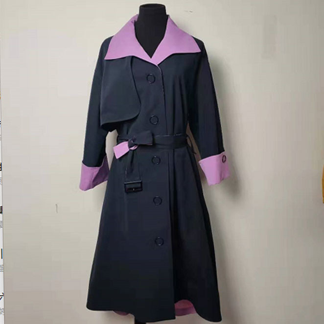 Press Button Long Belted Trench Coat With Black And Purple Contrast Design