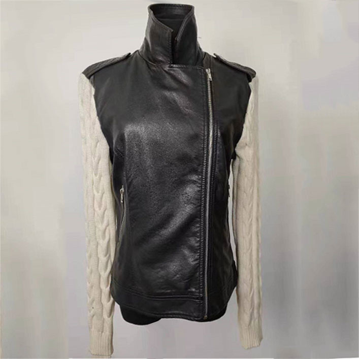 Girl's Trendy Black Leather Jacket Short Leather Coat With Knitted Sleeves