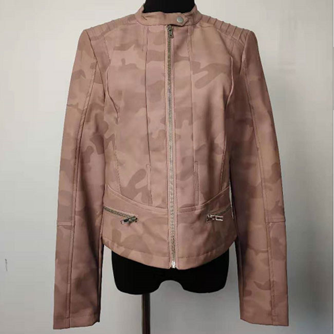 Womens Camo Jacket Fashion PU Leather Short Coat With Polyester Lining