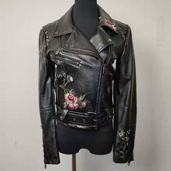 Women's Short Embroidered Faux Leather Jacket Slim Fit For Spring And Autumn