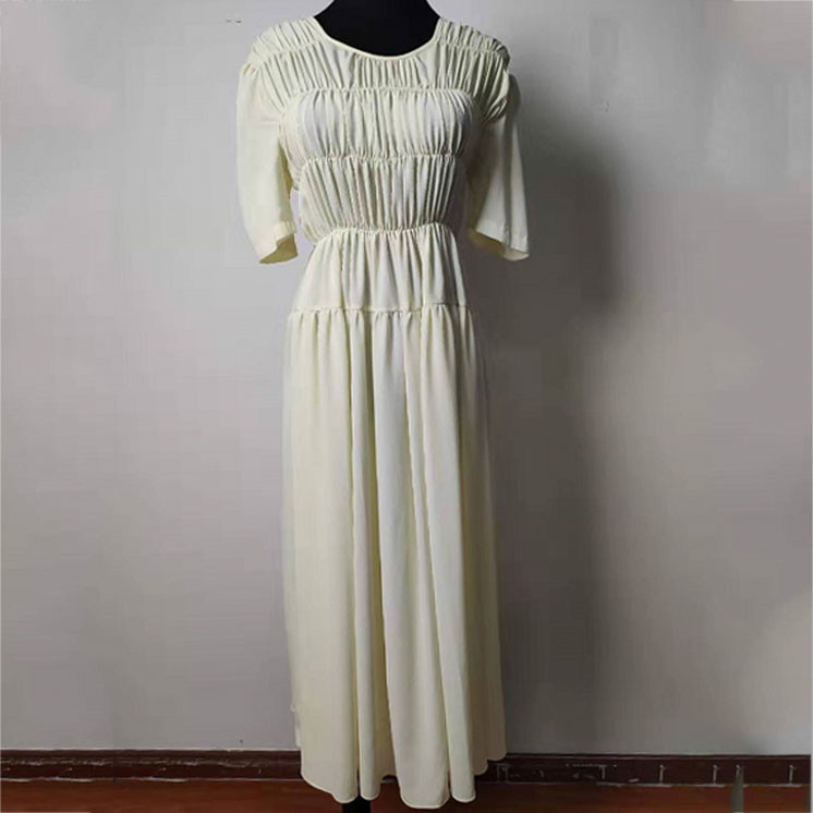 White Smocked Ladies Elegant Dresses , High Waisted Pleated Midi Dress