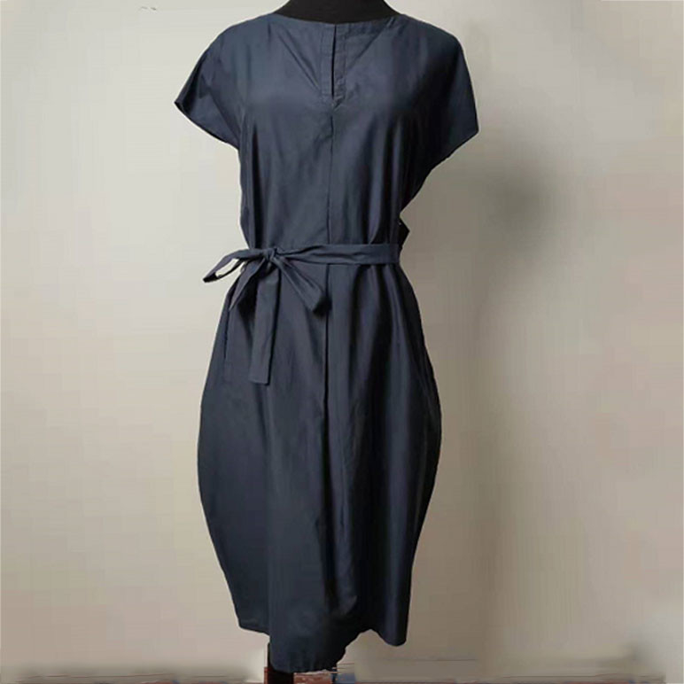 Elegant Loose Fit Navy Blue Knee Length Dress Anti Wrinkle With Shell Belt