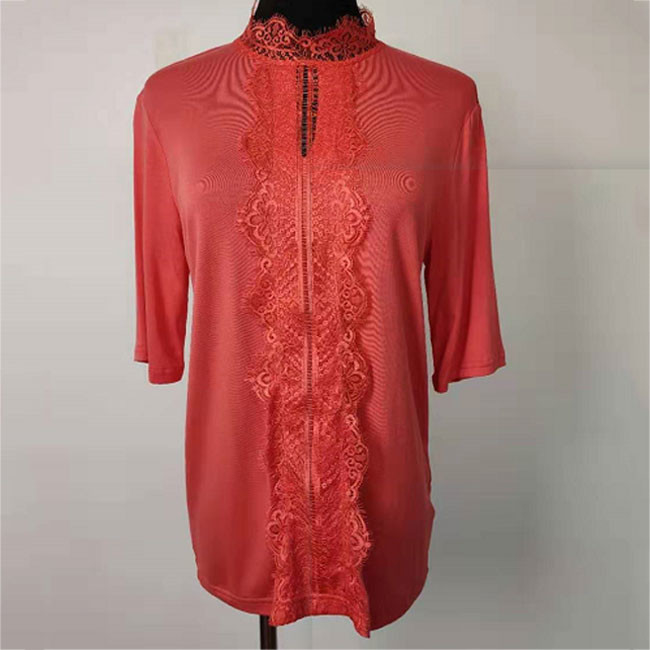 Half Sleeves Women'S Knitted T Shirt With Delicate Lace Decoration