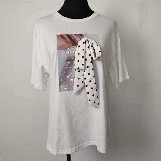 White Ladies Fashion Wear / T Shirt Loose Fit With Bow - Knot Design