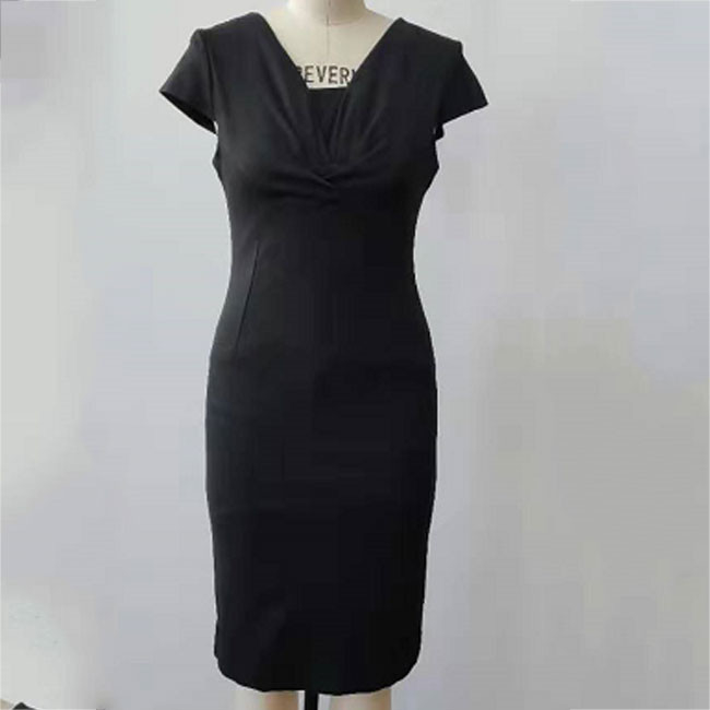 V Neck Ladies Elegant Dresses , Black Short Sleeves Cold Shoulder Pencil Dress